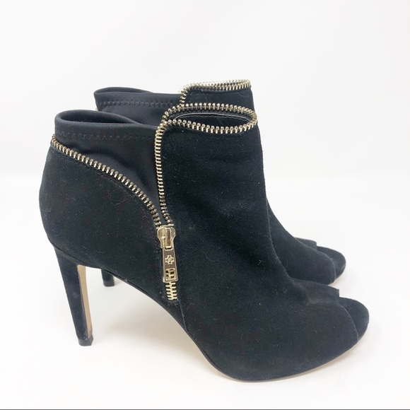 ANN TAYLOR BLACK FAUX SUEDE PEEP TOE SPIKE HEELS WITH ZIPPERS WOMENS SZ 7 - Picture 1 of 8